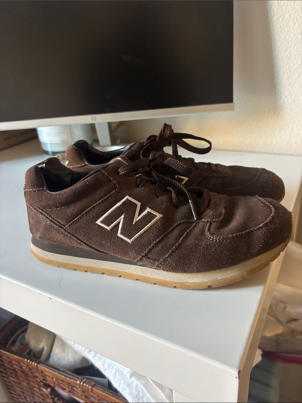New Balance Men’s Brown Suede Athletic Sneakers with Cream Outline